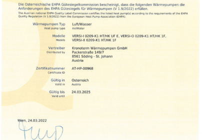 EHPA QUALITY CERTIFICATE FOR HP VERSI